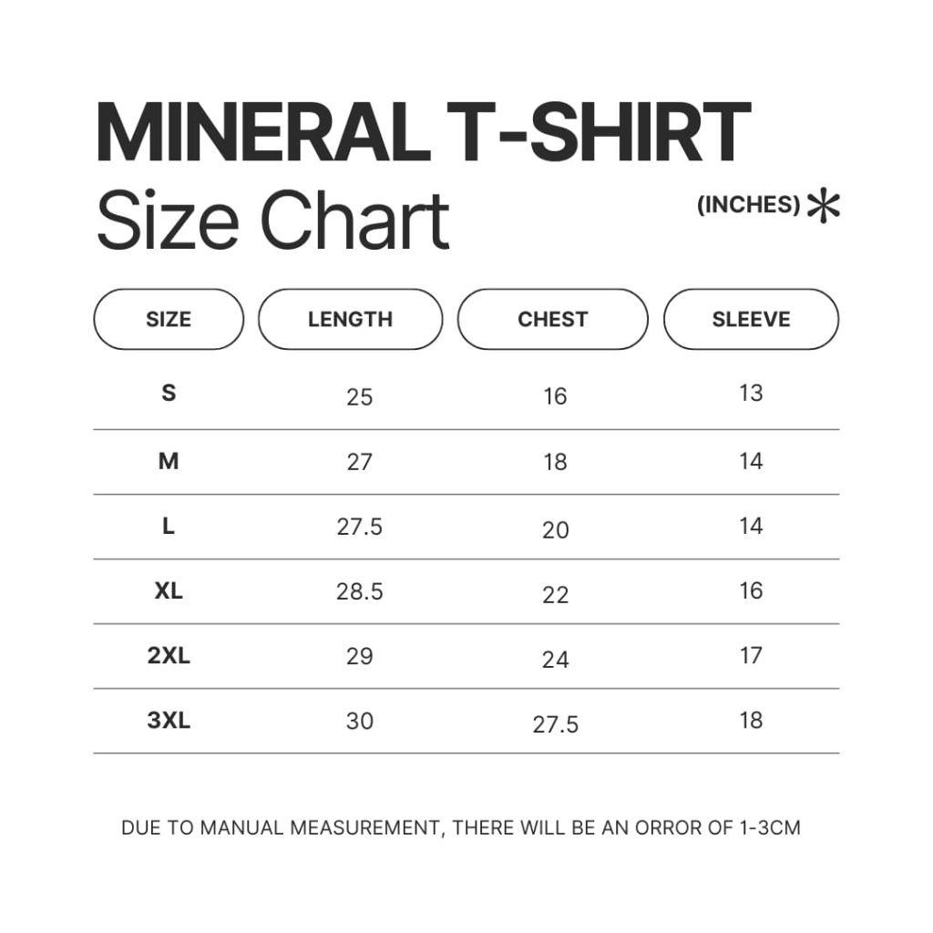 Mineral Wash T shirt Size Chart - Code Geass Store